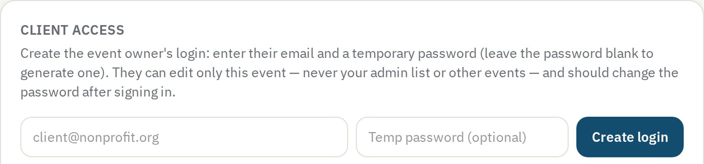 Client access panel with the email field and Create login button