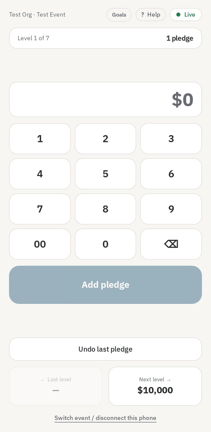 Tally screen with keypad, Add pledge and level controls